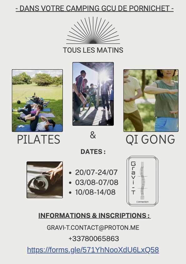 Flyer stages Qi Gong & Pilates, Camping GCU Pornichet, été 2026
